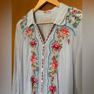Johnny Was Embroidered sheer floral shirt dress